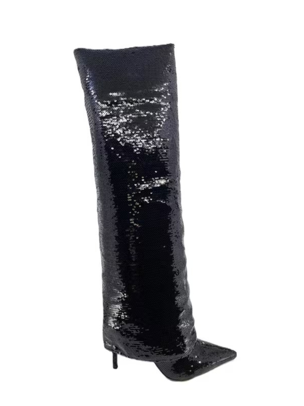 Luxe Black Sequin Knee-High Stiletto Boots